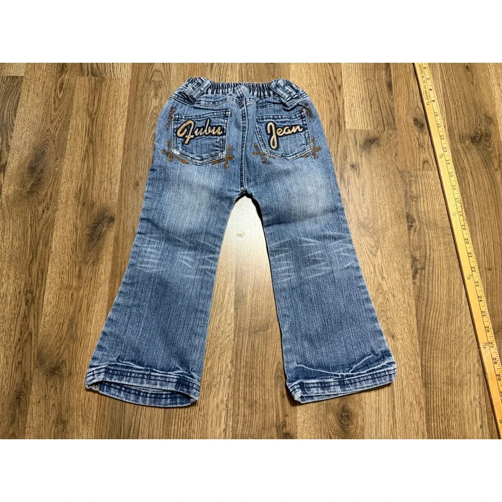 FUBU Jeans Girl Size 4T Blue Denim Flare The Collection Rhinestone Logo